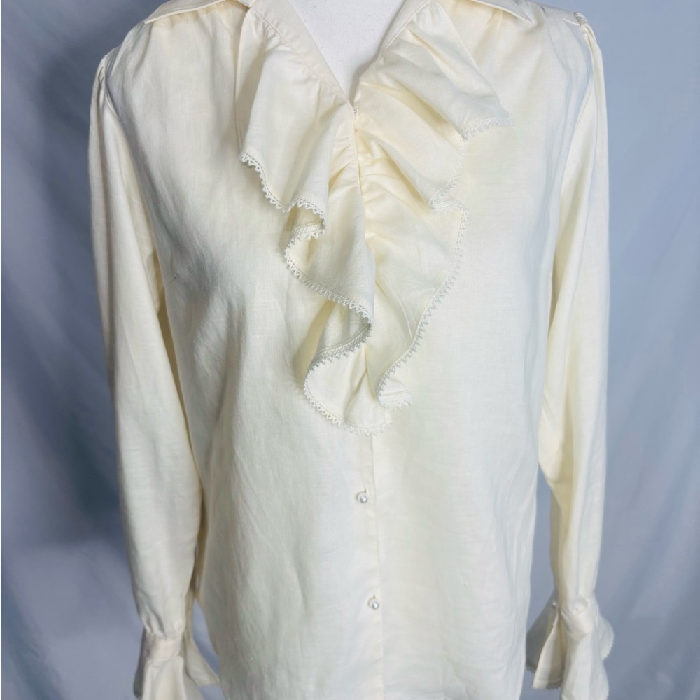 Lauren Ralph Lauren 100% Linen Ruffle Front Pearl Button up Blouse Size tag - Picture 3 of 10